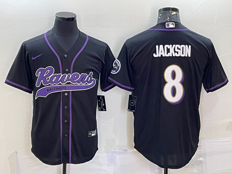 Men's Baltimore Ravens #8 Lamar Jackson Black With Patch Cool Base Stitched Baseball Jersey Men's Baltimore Ravens #8 Lamar Jackson Black With Patch Cool Base Stitched Baseball Jersey